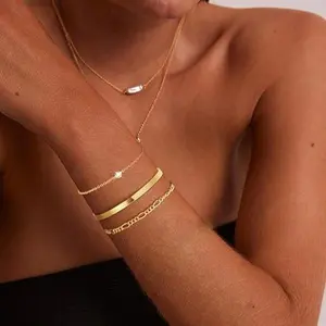 Tewiky 14K Gold Plated Stackable Copper Bracelets Dainty Bangle Stack Trendy Tennis Cuff Diamond Chain Bracelet Set Non Tarnish Jewelry For Valentine's Day gifts