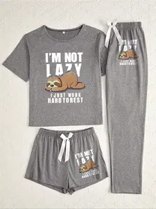 Women's Cartoon Cat Print Pajama Set, 3 Piece Sleepwear Collection, Casual Fitted Nightwear Loungewear for All Seasons