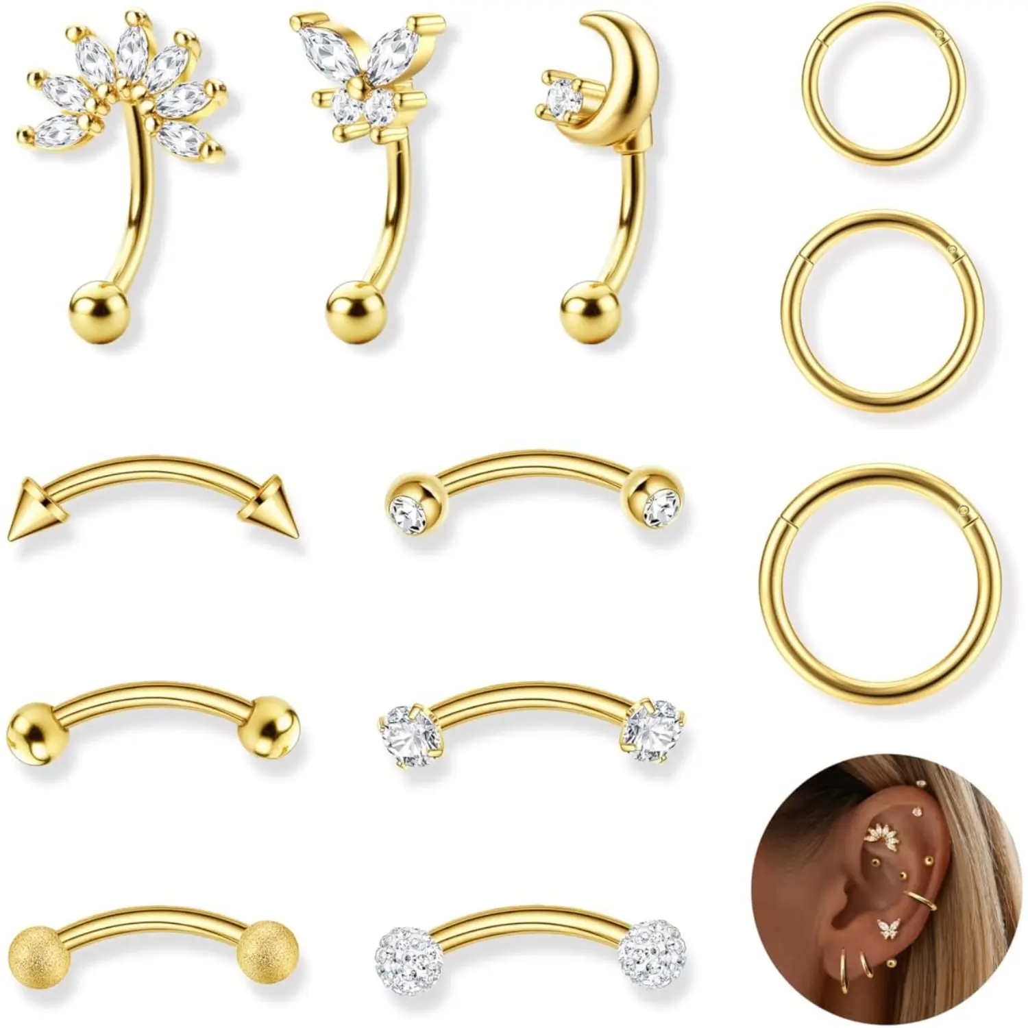 YADOCA 12Pcs Body Piercing Kit, 16G/18G Surgical Steel CZ Curved Barbells & Hoop Jewelry for Rook, Daith, Tragus, Eyebrow, Lip, Rook Piercing, 16G Rook Daith Earrings