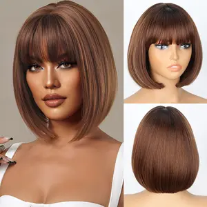 Missqueen Short Brown Bob Wig for Women Auburn Brown Wig with Bangs Synthetic Hair Light Highlight Brown Bob Wig for Daily Party Cosplay