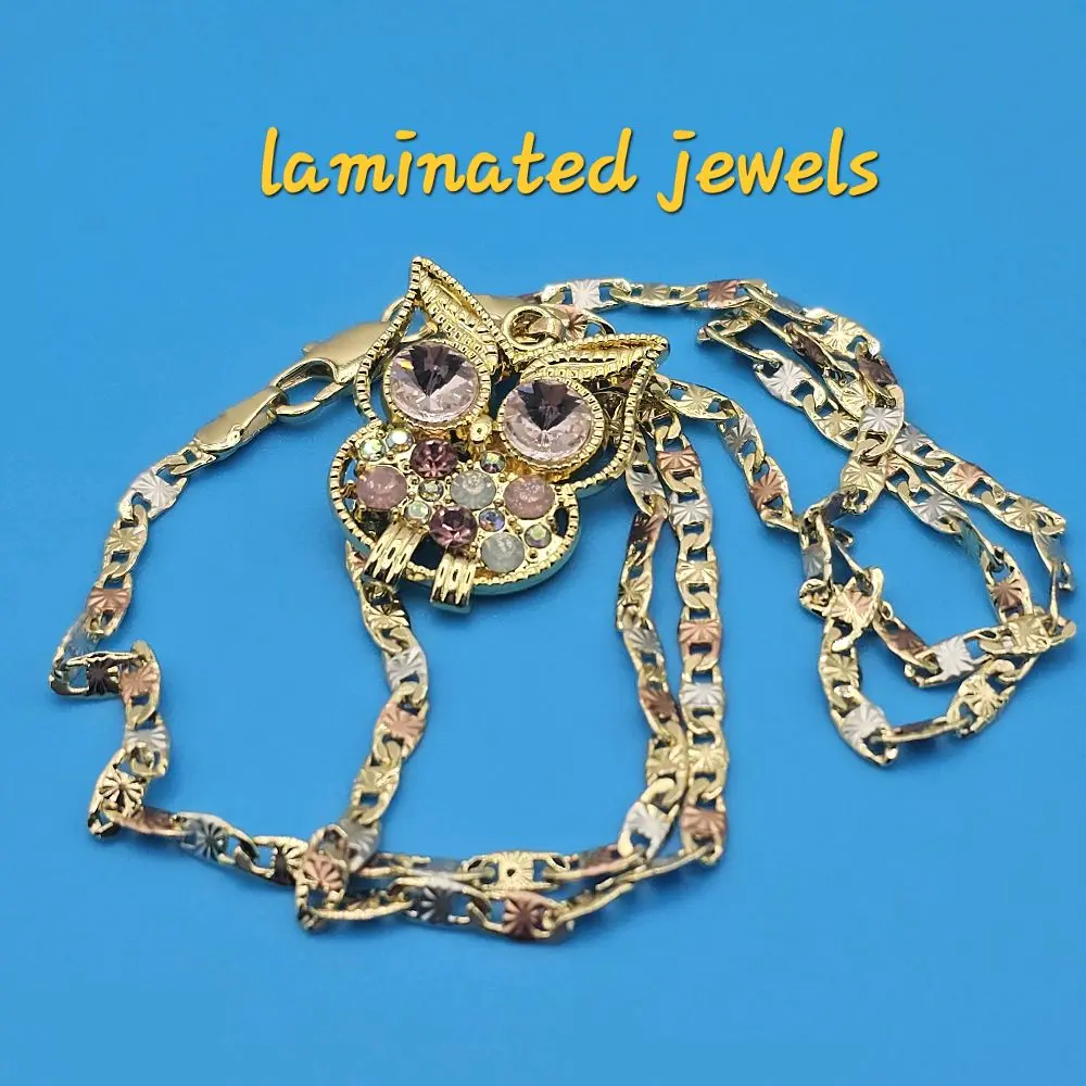 N8-Laminated Jewels Multicolor Crystal Stone Owl Charm Pendant with 21.75 Inches Long 3mm 3-Color Chain Gold-Plated 9.6 Grams