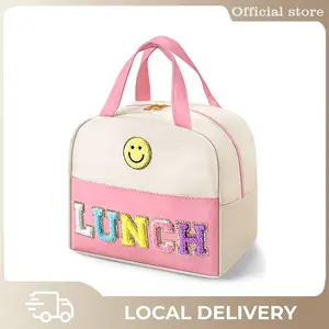Lunch Bag for Women Insulated For Men PU leather Small Office Work lunch with Chenille Letters Leakproof Freezable Cooler Reusable Portable Box