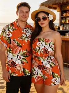 DRESSLILY 2026 Beach Vacation Couple Matching Set Tropical Floral Palm Leaf Print Off Shoulder Romper & Button Down Shirt Set with Pocket, Summer Resort Holiday Outfit, Lightweight Breathable Beachwear Coordinated Couple Outfit, Casual Vacation Wear