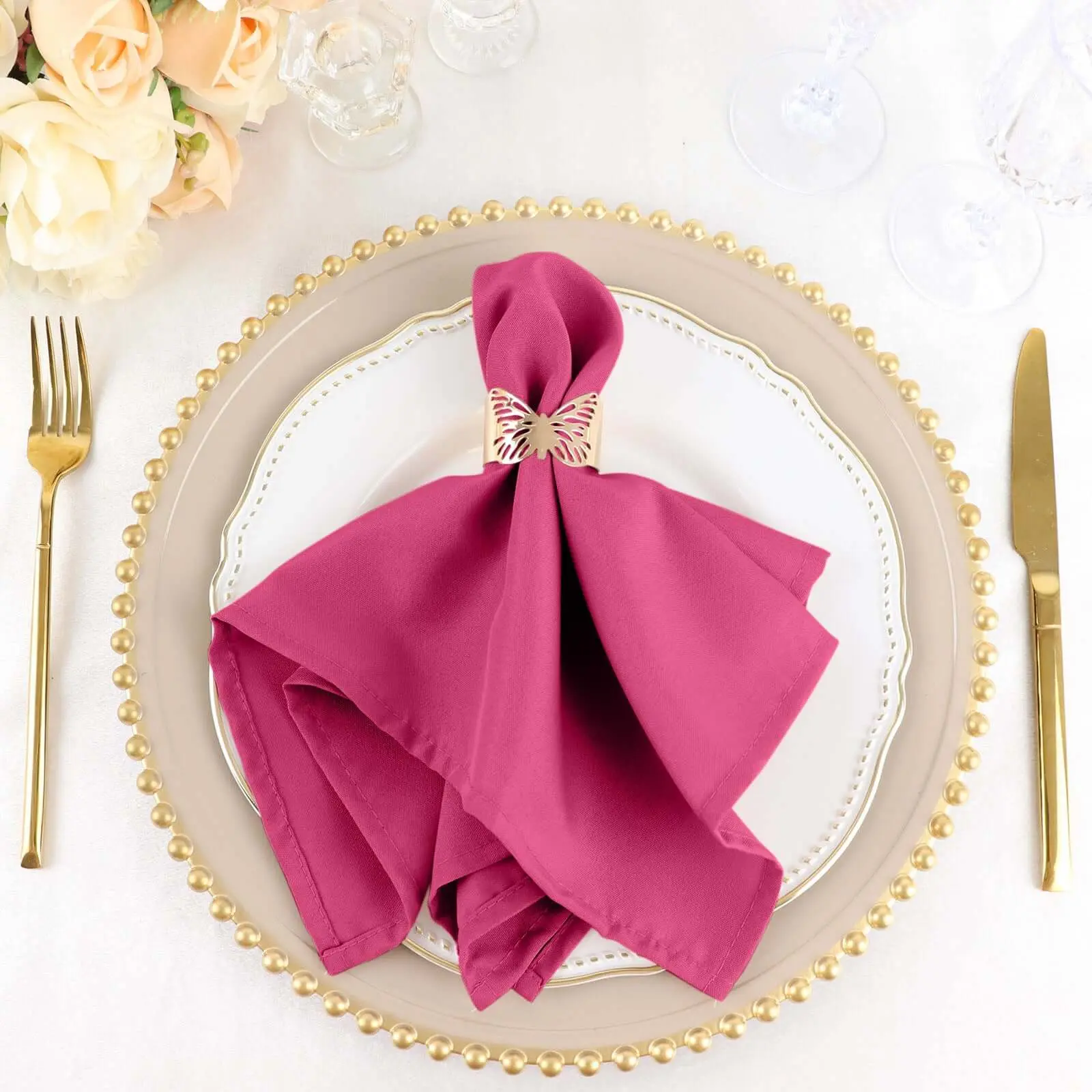 Fuchsia Polyester Cloth Dinner Napkins - 5-Pack Multipack 17"x17" Wrinkle-Resistant Fabric Napkins for Kitchen Dining, Birthday Use