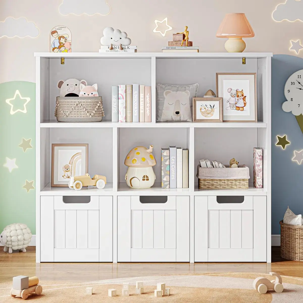 Bookcase with 3 Movable Drawers – Home Office Cube Storage Unit with 5 Open Cubbies – Toy Storage Organizer & Multifunctional Floor Storage Chest Bookcase with 3 Movable Drawers – Home Office Cube Storage Unit with 5 Open Cubbies – Toy Storage Organizer & Multifunctional Floor Storage Chest