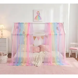 House Bed Canopy for Girls Rainbow Canopy Bed Curtains Twin with Lights Princess Sheer Bed Canopy Scarf for Girls Room Decor 2 Panel