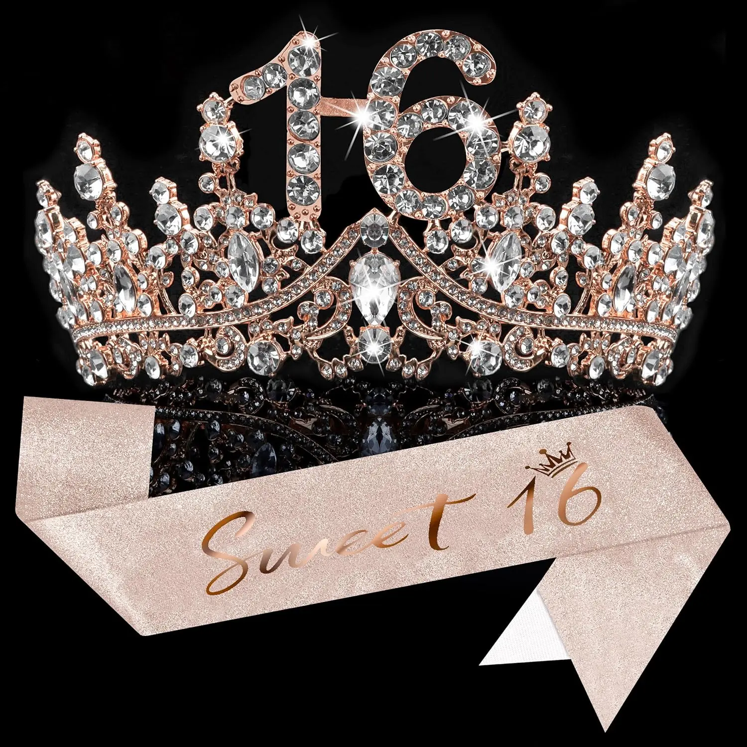 'Sweet 16' Birthday Party Decoration Kit, Includes 1  Glitter Sash and Crown for Women 16th Birthday, 1 Adjustable Pin, Party Supplies for Girls