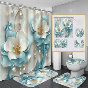 1pc/4pcs blue floral pattern bathroom decoration set, non-slip floor mat, U-shaped carpet, toilet lid cover, perfect for bathroom decoration, partition, beautify the space, free 12 shower curtain hooks, Bathroom Accessory, Bathroom Decoration Accessories