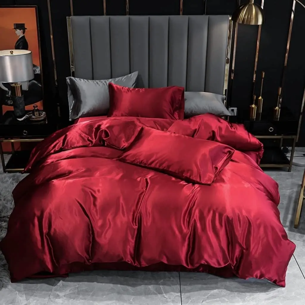 Feelyou Burgundy Wine Red Silk Duvet Cover Sets - Luxury Soft Satin-Like Microfiber Bedding Sets, Breathable, Machine Washable, All-Season, for Single Bedroom Decor (No Comforter), Room Decor