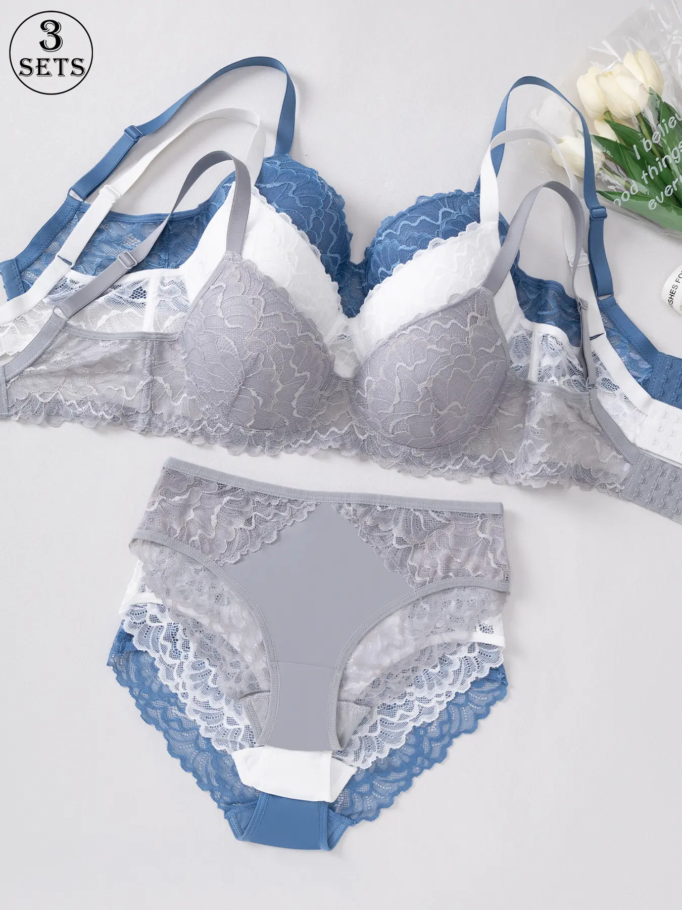 3 sets of women's lingerie sets, Bra Sets, solid color, lightweight, comfortable, and breathable, with lace trim and front clasp design, sexy hollow floral elements, suitable for dates, parties, and other occasions