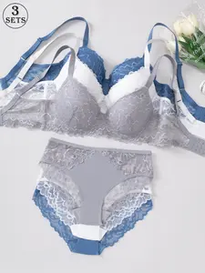 3-piece set women's lingerie set Solid color light and comfortable and breathable Lace lace patchwork front buckle design Sexy openwork floral elements Suitable for dates, parties and other occasions Underwear Sets