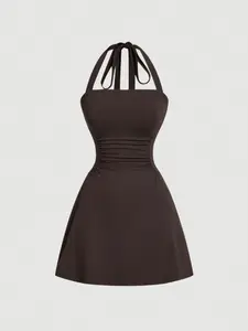 Women's Plain Ruched Tie Backless Halter Dress, Casual Sleeveless A Line Short Dress for Summer, Ladies Clothes for Party Holiday Birthday Outfit Black Girl, Elegant Womenswear, Halter Neck