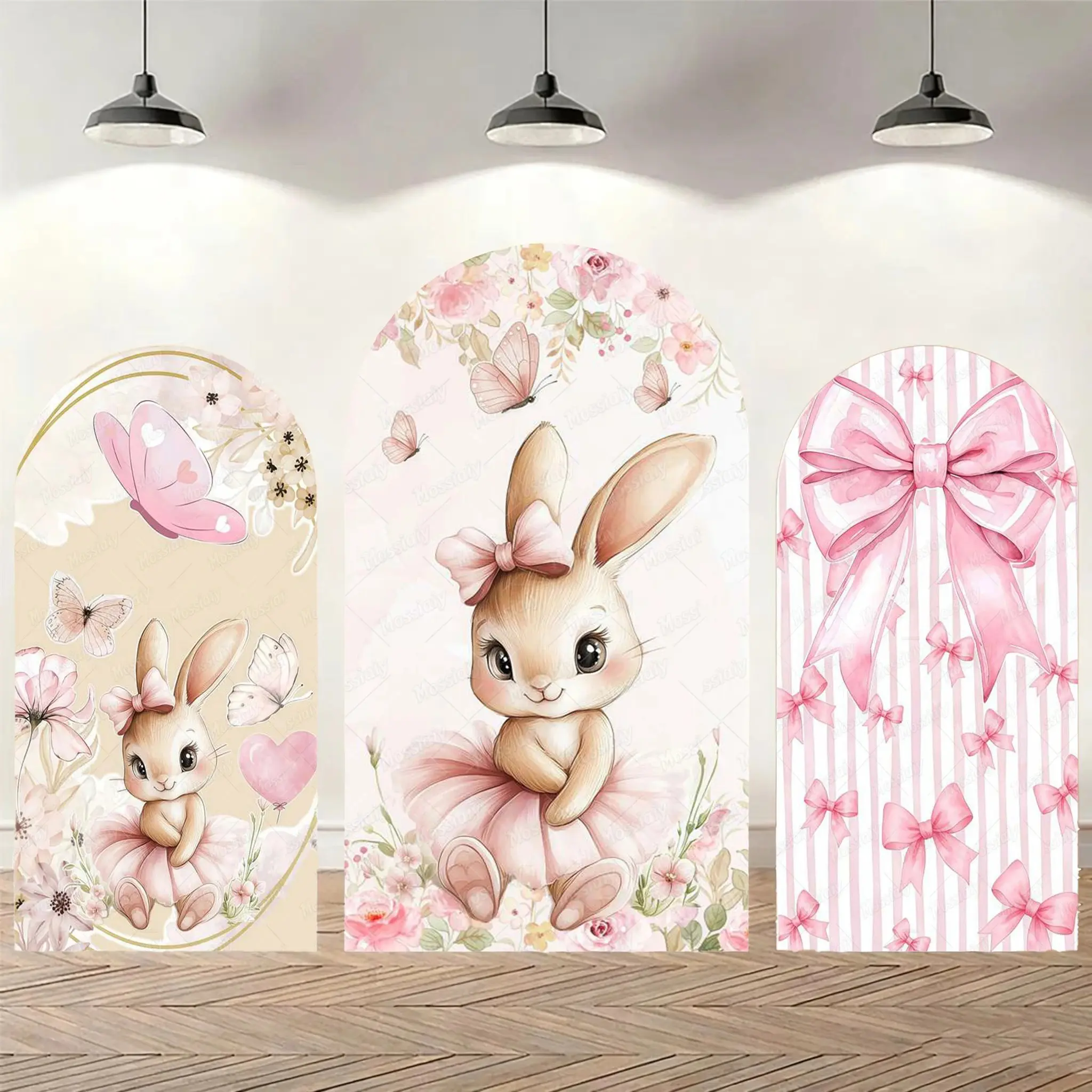 Little Rabbit Pink Flower Bow Baby Girl Birthday Party Arch Backdrop Cover Bunny Baby Shower Arched Photo Background Decor Props