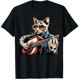 Funny Cat Strumming a guitar with distinctive Vitiligo hands T-Shirt