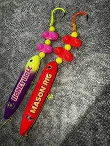 Mason (11cm) & Honey Hole (11cm) 2 Pack: Mason Pre-tied on 4/0 orange fluorescent hook and Honey Hole on 4/0 yellow fluorescent hook both on 100 pound yellow mono leader lines