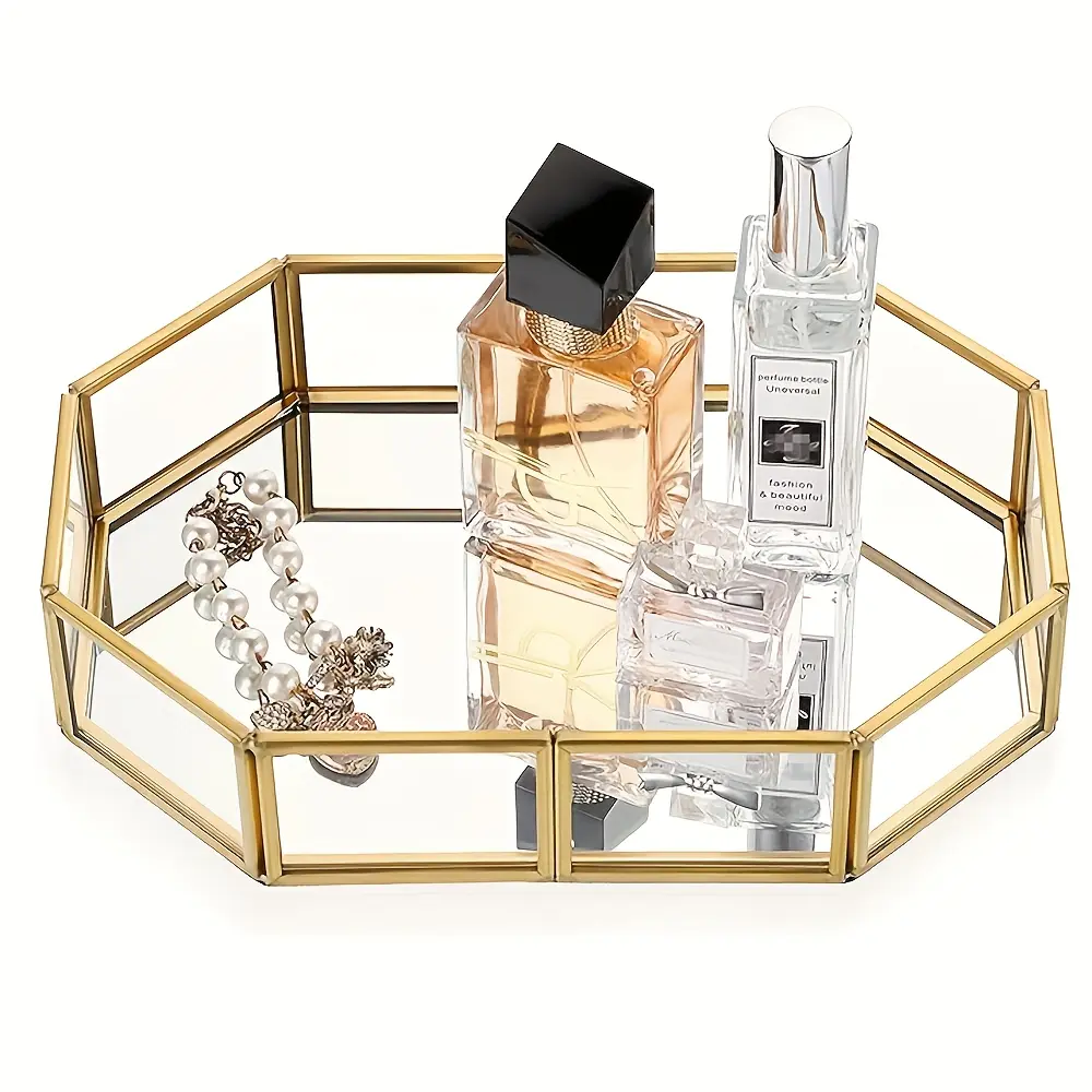 Vintage Gold Mirrored Vanity Tray | Antique Glass Perfume Organizer & Crystal Display | Aesthetic Room Decor Storage Organizer