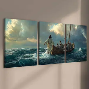 Jesus Walking on The Sea Canvas Painting Framed, 3 Counts/set Retro Figure Christ Jesus Religious Art Poster, Wall Art for Home Living Room Bedroom Office, Decor, Decorative Artwork, Ocean Inspired Design