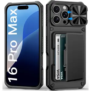 For iPhone 16 Pro Max Case Wallet, Built-in Card Holder (4-5 Cards), Slide Lens Cover, Military Drop Protection, Rugged Heavy Duty Men Women Protective Phone Case for iPhone 16 Pro Max, Black