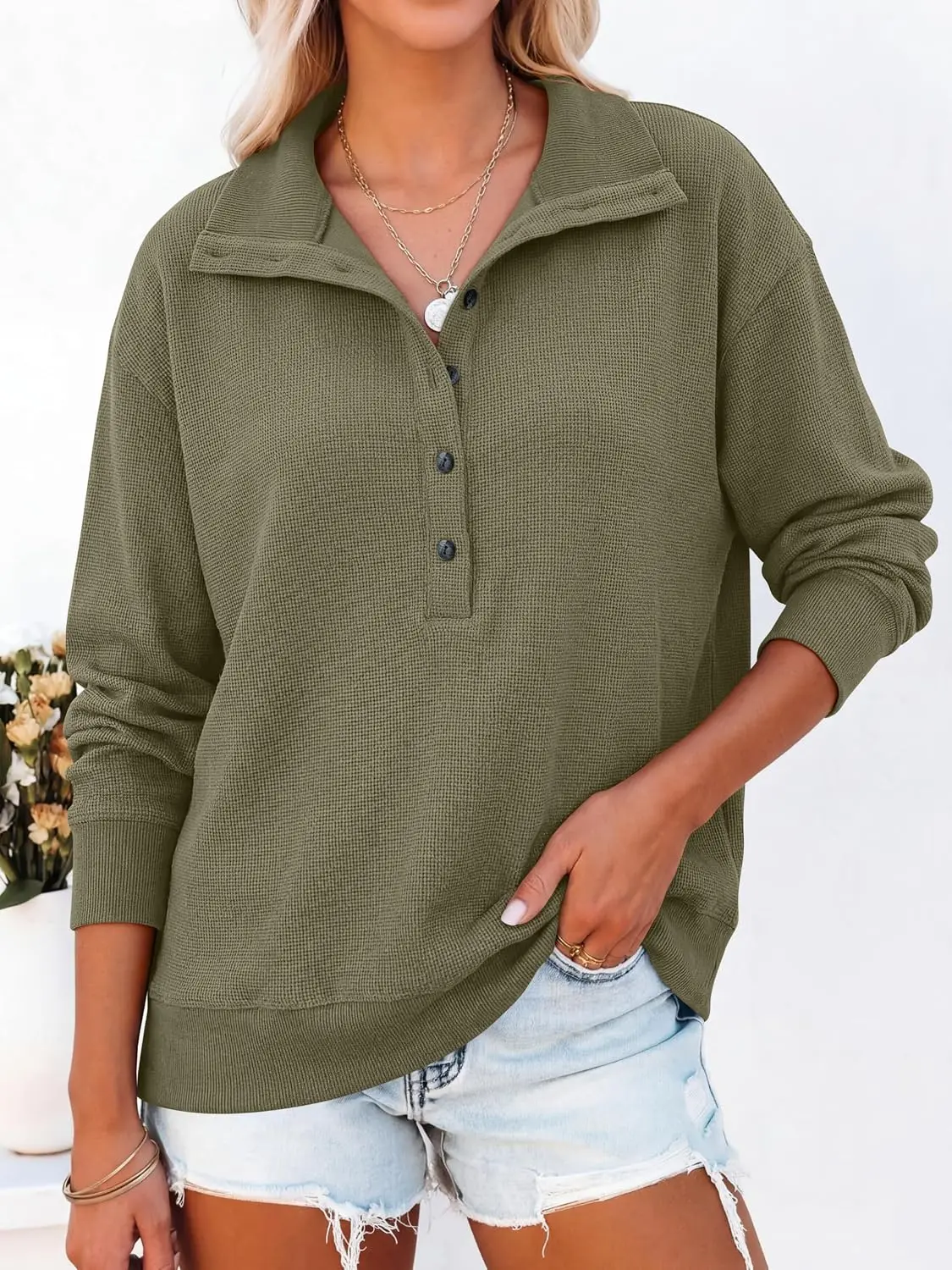 ANRABESS Women's Waffle Knit Henley Collared Sweatshirt | Soft Thermal Long Sleeve Pullover Tops, Regular Fit Half Button Design, Casual Everyday Preppy Wear, Spring Fall Clothing
