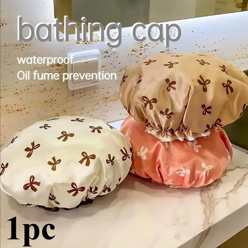 1pc Waterproof shower cap Reusable Shower Caps Kitchen anti-smoke head cover Kitchen anti-smoke Bowknot print Bathroom accessories