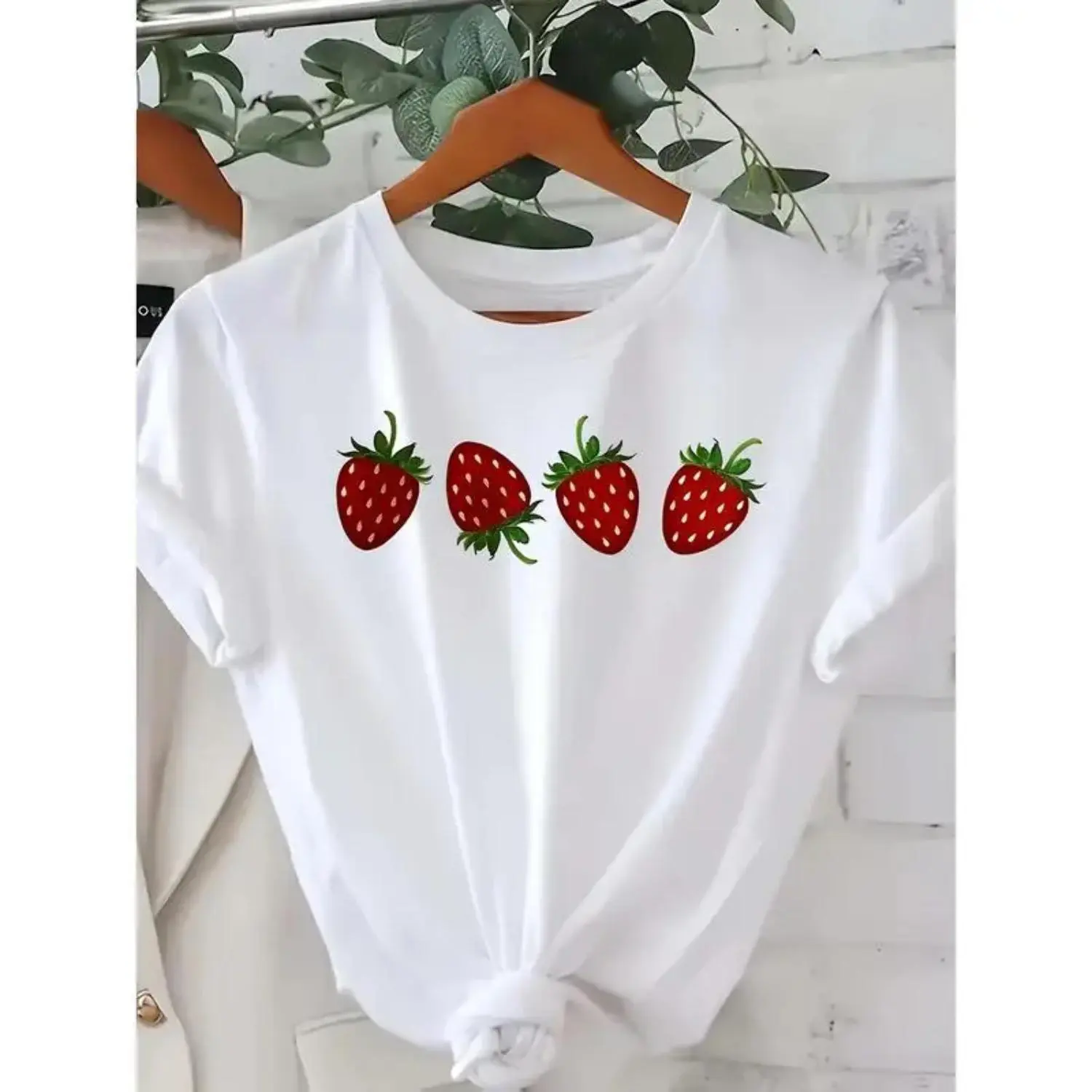 Women's Strawberry Pattern T-Shirt, Soft & Breathable Cotton Blend, Short-Sleeve Relaxed Fit with Round Neck, Graphic, Cute Strawberry Women's T-Shirts, Everyday Basics, Cherry Star Strawberry Women's T-Shirts, Cute Basics