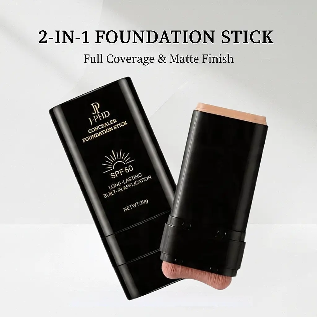 Foundation Stick, 2-in-1 Long-Lasting Foundation and Concealer with Brush, Full Coverage Foundation Makeup, Sunscreen Concealer Stick,  Matte Finish for Face
