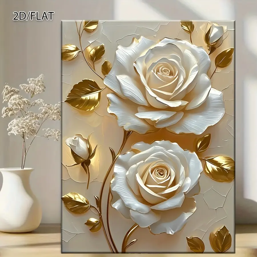 Golden Leaf Rose Canvas Art Painting, Porcelain Glossy Texture Flower Wall Painting - Realistic Relief Effect, Suitable for Home Wall Decoration, Bedroom, Living Room, Office and Restaurant, Indoor/Outdoor Use, Modern Wall Art |   Classic style, c