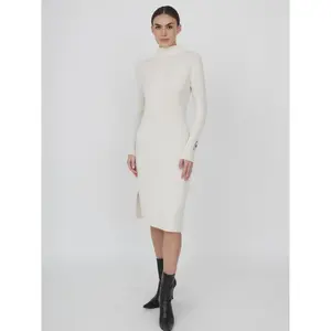 Tasha Dress: Fitted Ribbed Silhouette of 100% Mongolian Cashmere, Below the Knee Length, Long Sleeves, Mock Neck and Hand Stitched Patch on Left Wrist - Charcoal and Fawn, Size S