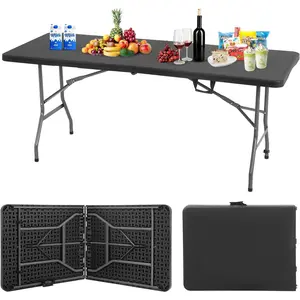 Outdoor 6 FT Folding Camping Table Plastic Table Portable Square Height Dining Table Perfect for Picnics, Parties, Party and Camping, Black