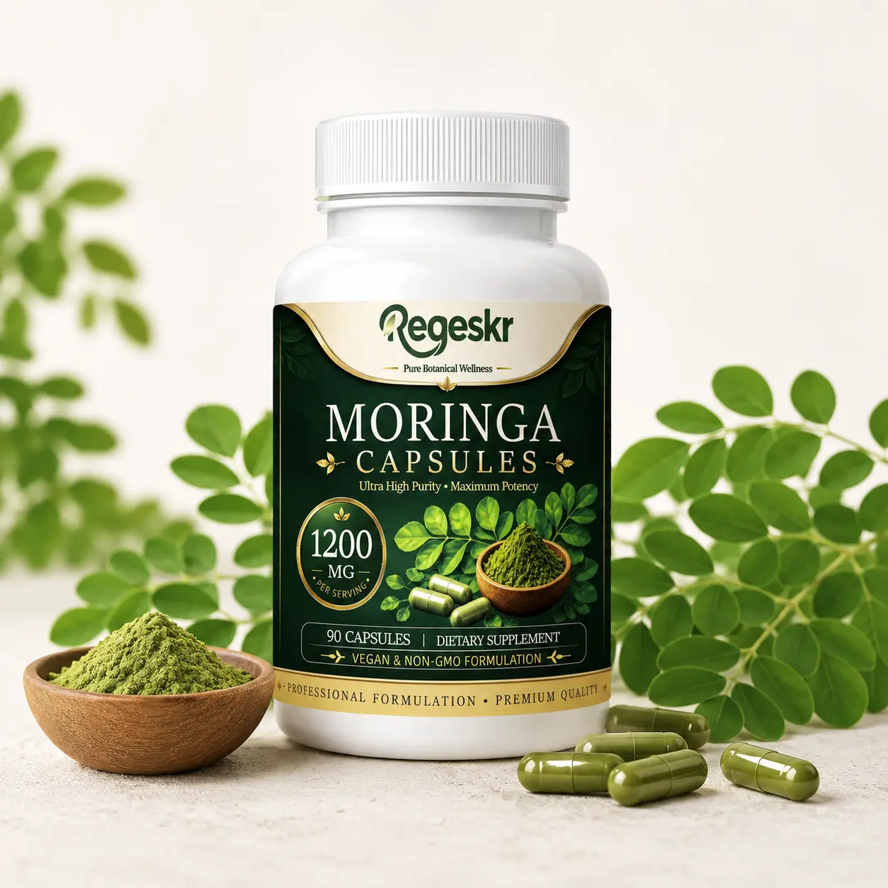 Regeskr Organic-Grade Moringa Leaf Dietary Supplement Capsules - 1200mg Superfood Extract, Immune Support, Healthy Inflammation Response, Easy-to-Swallow Plant-Based (90 Count)