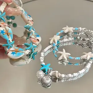 Seaside vacation natural wind starfish shell bracelet conch shell rice bead bracelet small fresh temperament rice bead bracelet, suitable for beach, spring and summer parties free for shipping