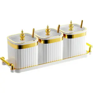 3 Pack Gold Condiment Spice Jars with Lids, Spoons, Tray - Plastic Seasoning Box Set for Salt, Pepper, Sugar - Kitchen Storage