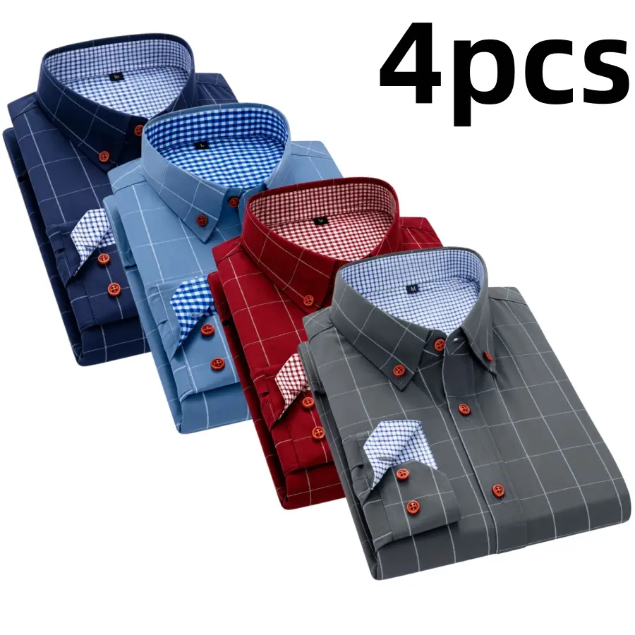 Men’s long sleeve shirt with a notched collar and red buttons, four piece checkered pattern. Urban casual style with contrasting button colors paired with a checked collar lining. Smooth, flat fabric that drapes well. Suitable for men’s commuting, shoppin