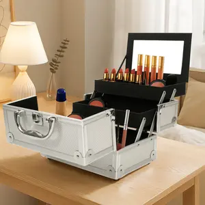 Aluminum Makeup Train Case - Professional Cosmetic Organizer for Travel, Salon, or On-the-Go Use - Foldout Accordion Compartments, Built-in Mirror, Durable Steel Corners & Portable Lockable Handle