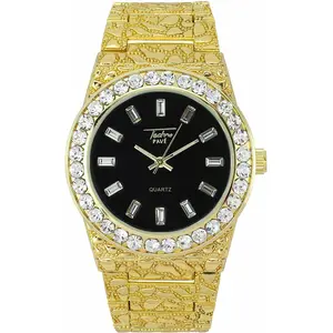 MaxBling81 Unisex Fashion Watch - Luxurious Hip-Hop Style, Iced Golden Nugget Bezel, Black Dial, Metallic Shine, Metal Strap, Watches for Women, Gift-Boxed