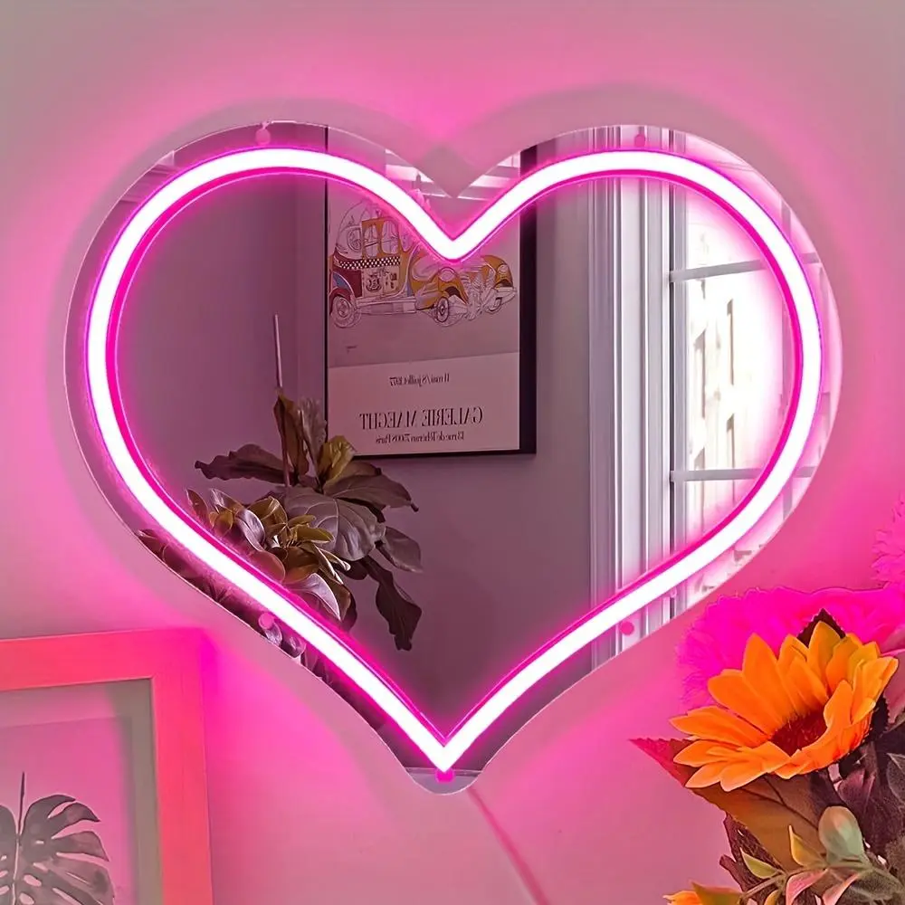 Love Heart Shaped Mirror Neon Sign, USB Powered LED Neon Sign, Neon Mirror Sign for Room, Bedroom, Holiday Decoration, Indoor Decorative Light, Led Mood Light, Led Neon Lights, Decorative Atmosphere Light, Led Lighted