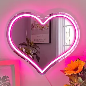Love Heart Shaped Mirror Neon Sign, USB Powered LED Neon Sign, Creative Neon Mirror Sign for Room, Bedroom, Holiday Decoration, Indoor Decorative Light, Led Mood Light, Led Neon Lights, Led Signs, Neon Accent Lights