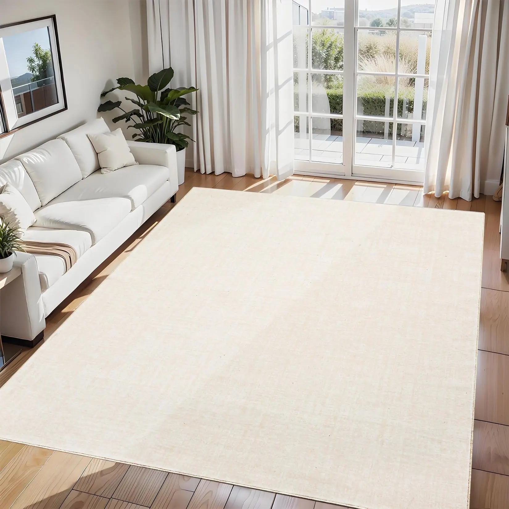 Garvee Solid Color Area Rug 5x7 - Washable, Non-Slip, Non-Shedding Low Pile Carpet for Living Room, Bedroom, Nursery - Soft, Thin, Foldable Modern Neutral Beige Floor Mat