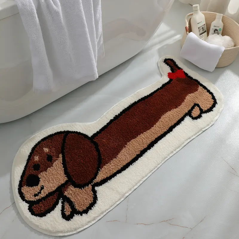 Oval Dachshund Design Non-Slip Oversized Plush Synthetic Fuzzy Bathtub Mat - Classic, Machine Washable Easy-Clean Brown Bathroom Accessory, Absorbent Bathroom Mats That Helps Keep Floors Drier, Super-Absorbent to Soak Up Splashes