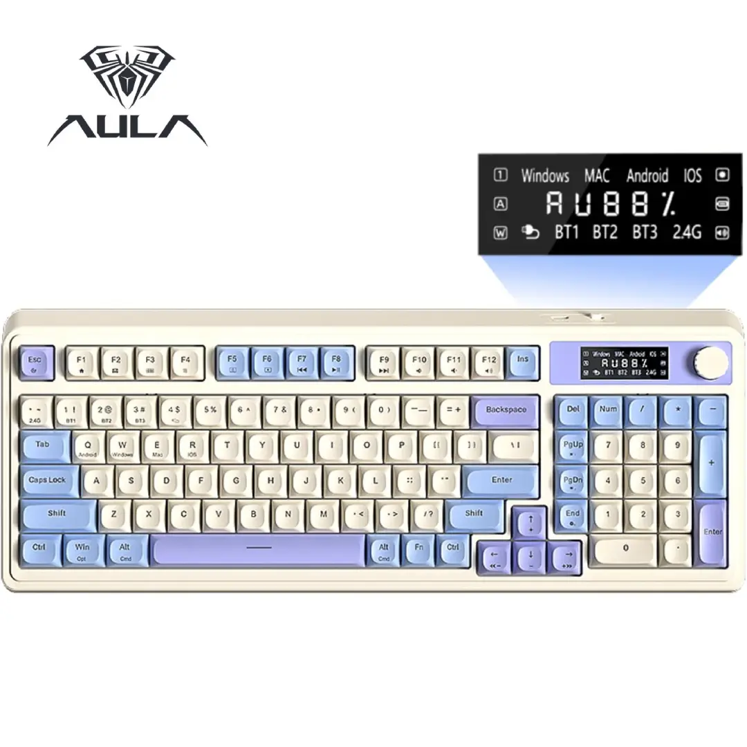 <NEW>AULA S99 Pro Keyboard, Tri-Mode Bluetooth/2.4GHz/USB-C Cute Creamy Gaming Keyboard with Number Pad RGB Backlit, Media Knob Custom Mechanical Feel Computer Keyboard for MAC Xbox PC Gamer S99 Keyboard Fixed Keycaps & Switches (Non-Replaceable)