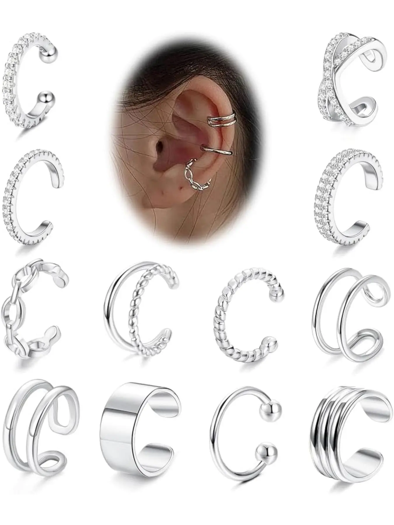 Simple Plain Cuff Earrings, Rhinestone Decorated Fake Earrings for Women & Girls, Braid & Chain Simple Design Ear Cuffs, Fashion Jewelry for Daily Decor, Casual Earrings Set, Non Piercing Earrings, Non Pierced Jewelry, Earring Set