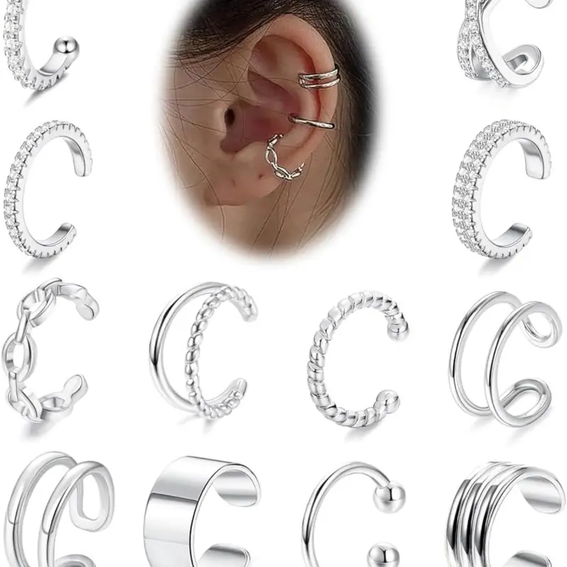 Simple Plain Cuff Earrings, Rhinestone Decorated Fake Earrings for Women & Girls, Braid & Chain Simple Design Ear Cuffs, Fashion Jewelry for Daily Decor, Casual Earrings Set, Non Piercing Earrings, Non Pierced Jewelry, Earring Set