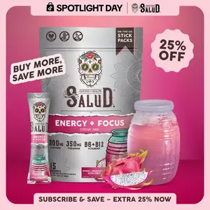 Salud 2-in-1 [Energy + Focus – Pitaya | Dragon Fruit] Clean Energy Drink Mix, Agua Fresca, Organic Caffeine (200mg), L-Theanine (350mg), L-Tyrosine, Vegan, Non-GMO, Gluten Free, Low Calorie, 1g Sugar (15 Servings)