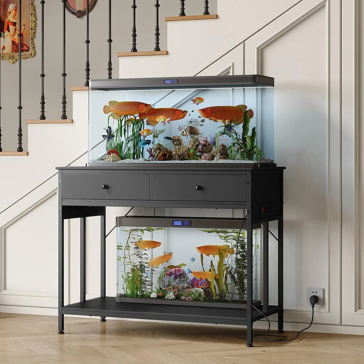 Aquarium Stand for 40-50 Gallons, Metal Base for Fish Tanks and Terrariums with Storage, Double Height Adjustable Support with Drawers, 299kg Capacity
