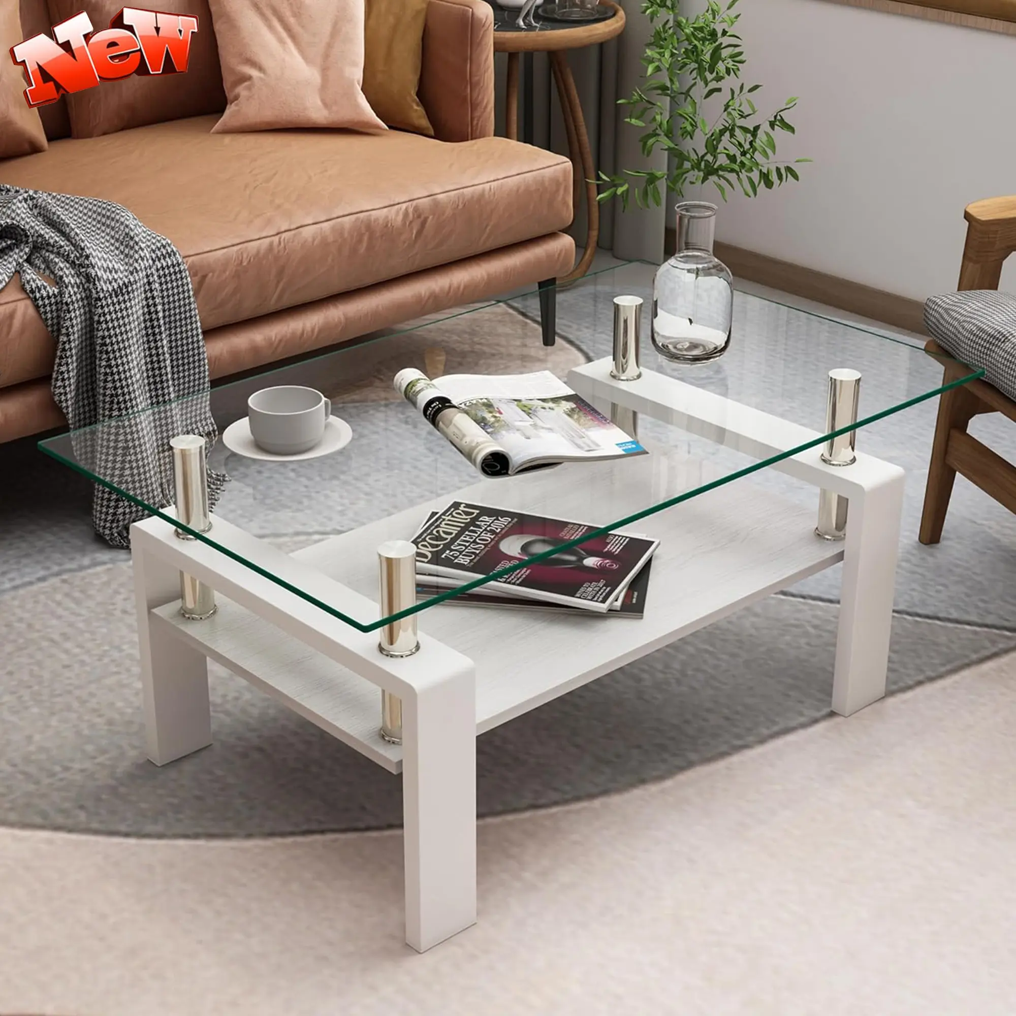 Rectangle Tempered Glass Coffee Table - Living Room Furniture with Transparent Tabletop, White MDF Base, Sturdy Construction, Spacious Design & Elegant Decor, Suitable for Living Room, Office