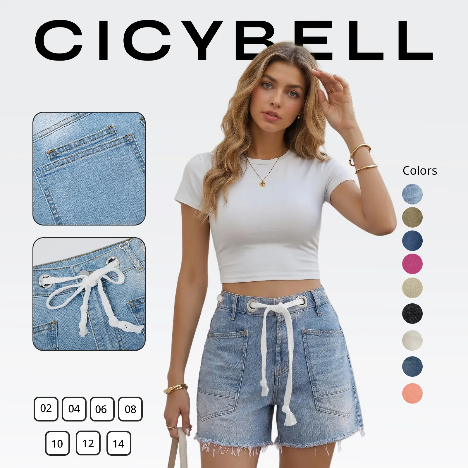 Cicy Bell Women Drawstring Mid Waist Denim Shorts Summer Casual Wide Leg Jorts Boyfriend Baggy Jeans Short Pants with Pockets