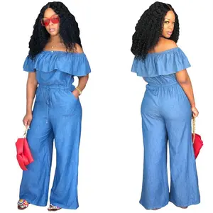 Fashion Large Size One-Neck Loose Denim Jumpsuit
