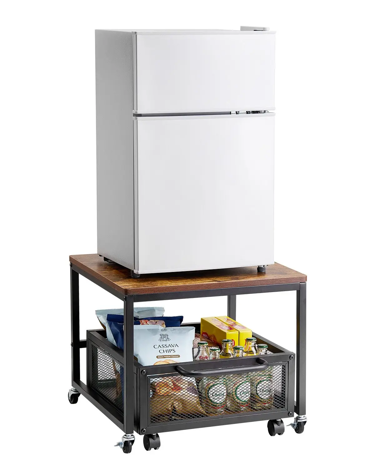 VEVOR Sturdy Solid Wood Minifridge Stand, 198lbs Capacity Lightweight Household Movable Rack with Multiple Shelves, Swivel Wheels, Drawer, Organizer for Kitchen Storage, Storage Cart