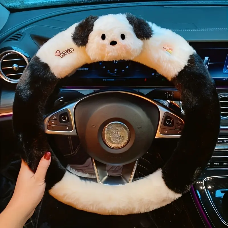 1 Plush Car Steering Wheel Cover - Cute Rhino Dog Design, Soft Touch, Comfortable Driving, Durable Upgrade for Car Interior Decoration