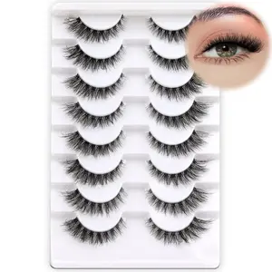 Eye Lashes Wispy False Eyelashes 5-14mm Short  Lashes  Look D Curl Strip Lashes with Clear Band 8 Pairs Soft Fluffy Lashes Pack (CT01)